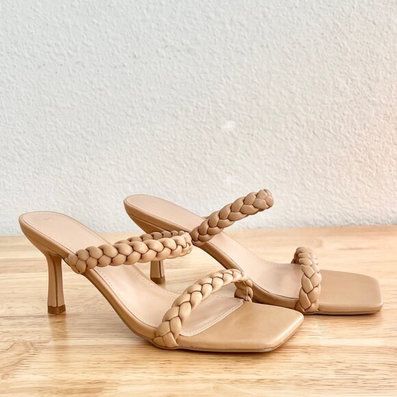 Women's 8.5 Nude Tan Beige Vegan Leather Braided Strappy Square Toe Sandal Heels - Picture 3 of 8